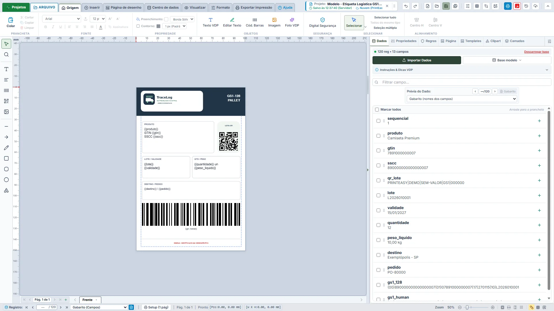 Editor do PrintEasy 2026 com etiqueta logística GS1-128 e painel de dados variáveis