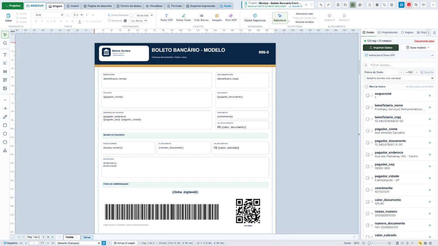 Modelo de boleto bancário frente e verso no editor do PrintEasy
