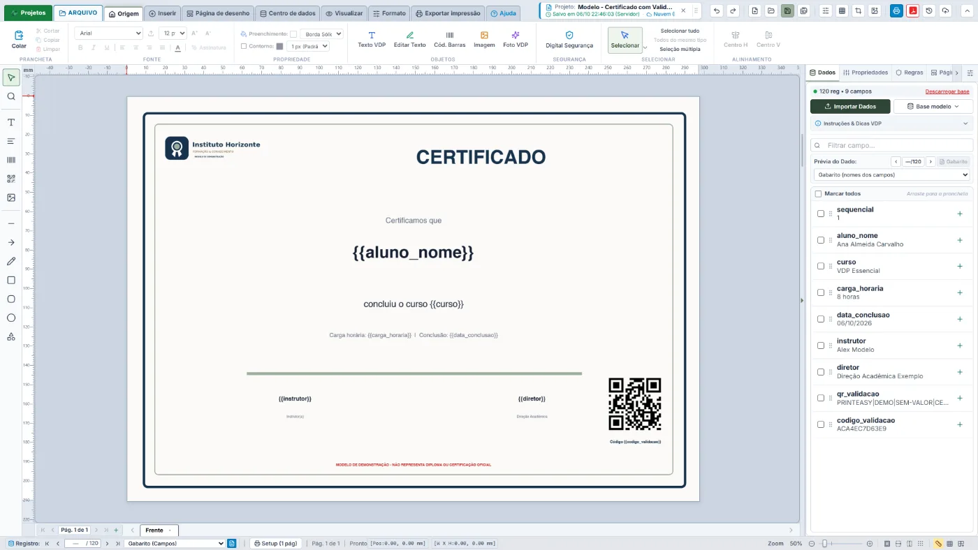 Modelo de certificado com QR de validação no editor do PrintEasy