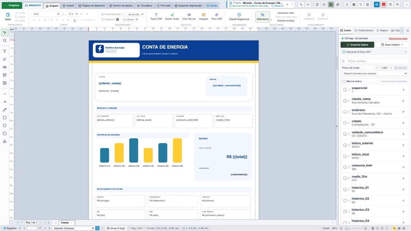 Modelo de conta de energia no editor do PrintEasy