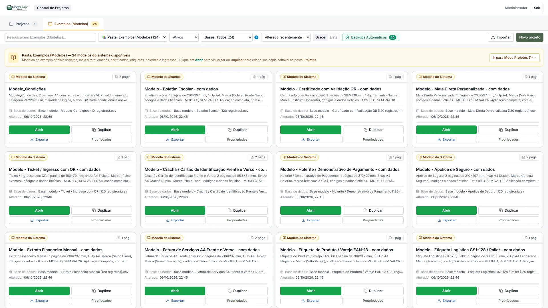 Central de Projetos do PrintEasy 2026 na aba Exemplos com 24 modelos prontos